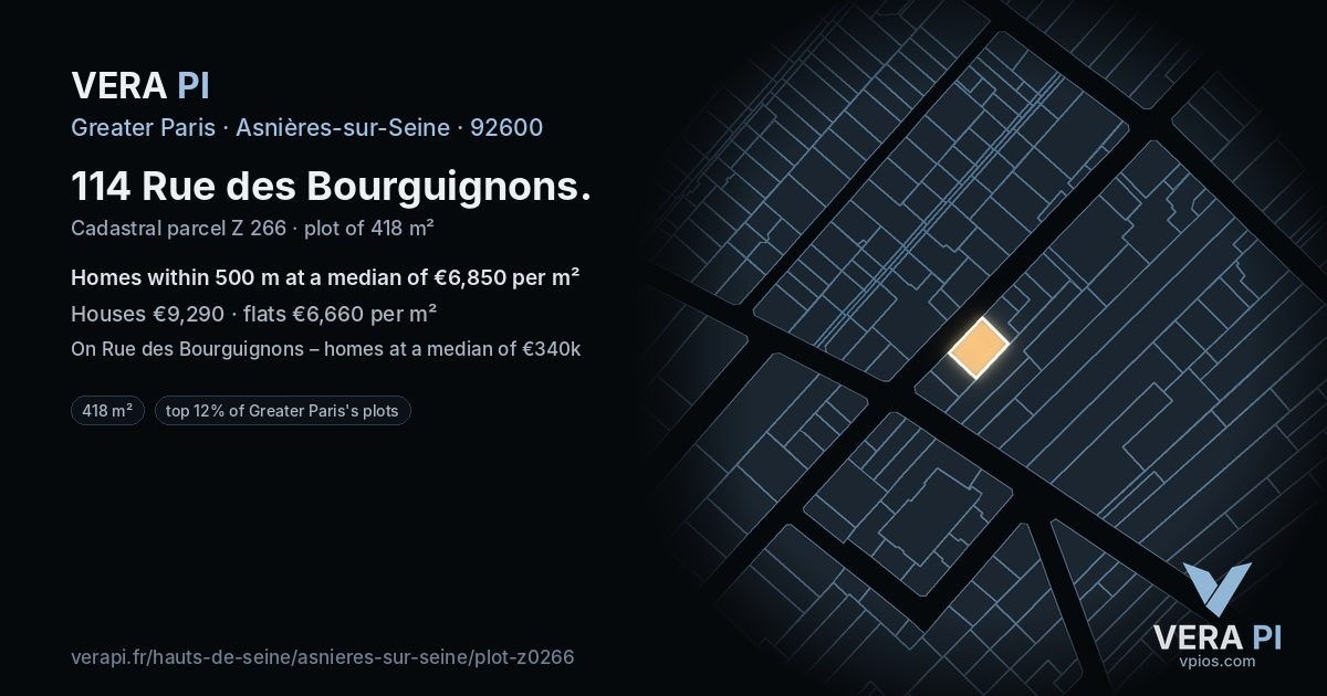 114 Rue des Bourguignons, Asnières-sur-Seine at night – the plot lit, the parcels around coloured by the prices near them