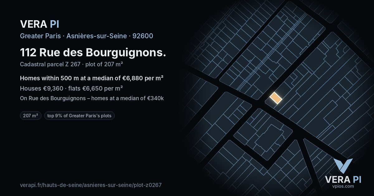 112 Rue des Bourguignons, Asnières-sur-Seine at night – the plot lit, the parcels around coloured by the prices near them