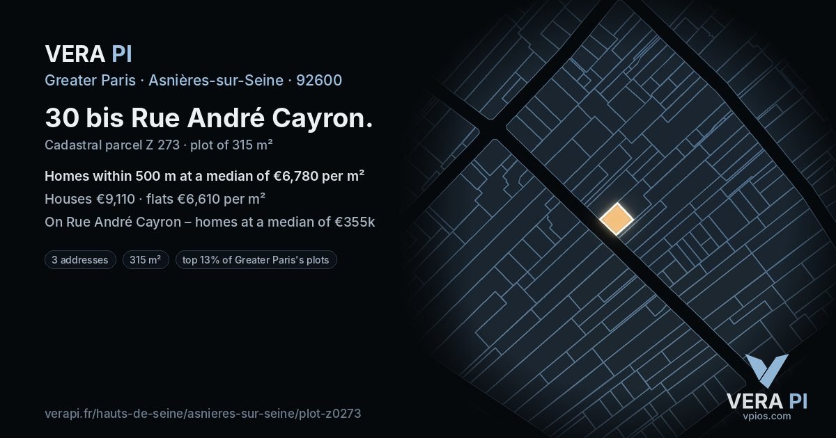 30 bis Rue André Cayron, Asnières-sur-Seine at night – the plot lit, the parcels around coloured by the prices near them
