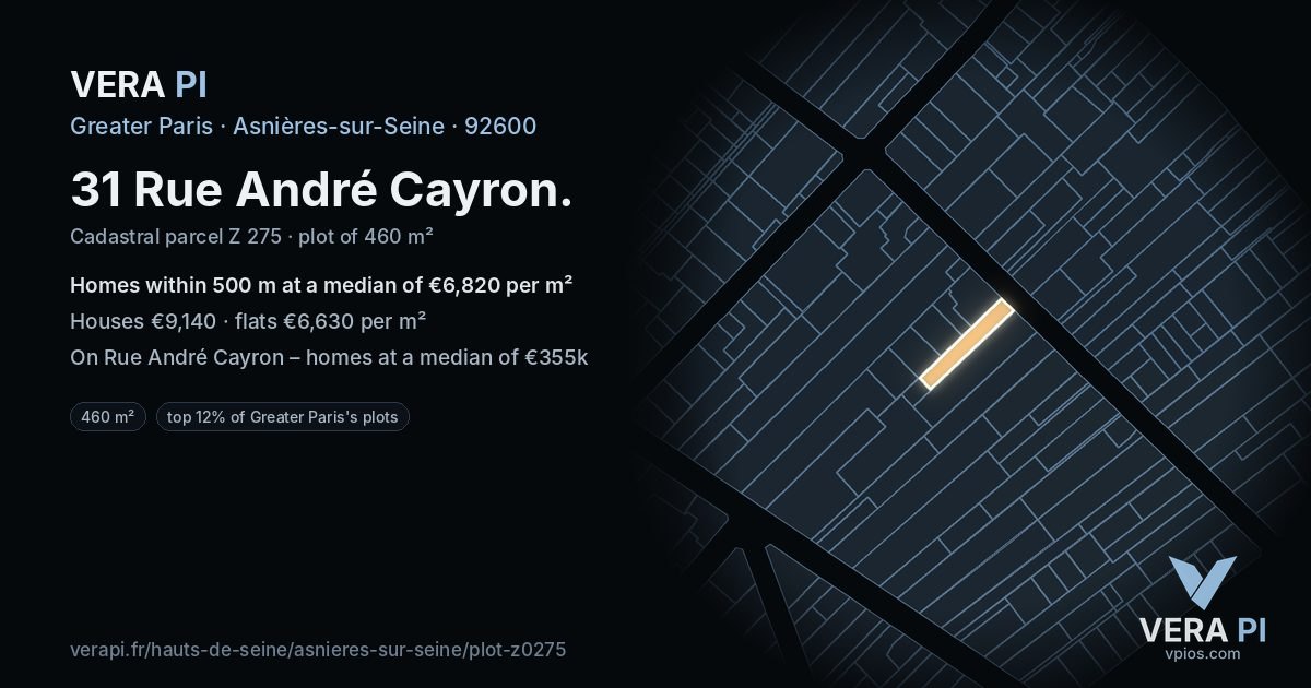 31 Rue André Cayron, Asnières-sur-Seine at night – the plot lit, the parcels around coloured by the prices near them