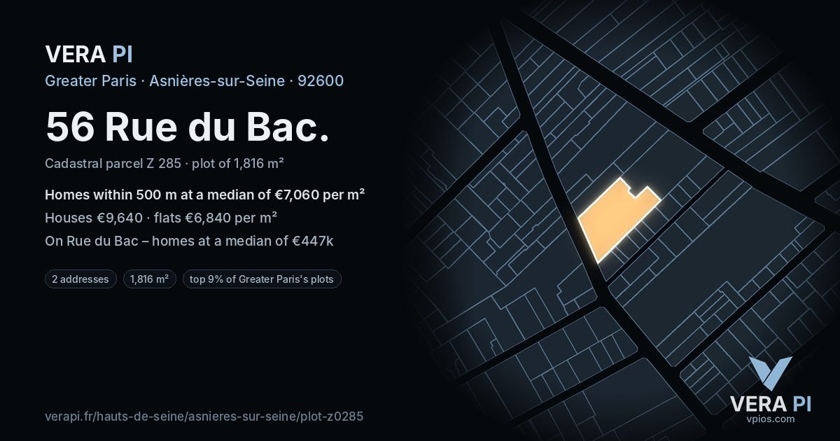 56 Rue du Bac, Asnières-sur-Seine at night – the plot lit, the parcels around coloured by the prices near them