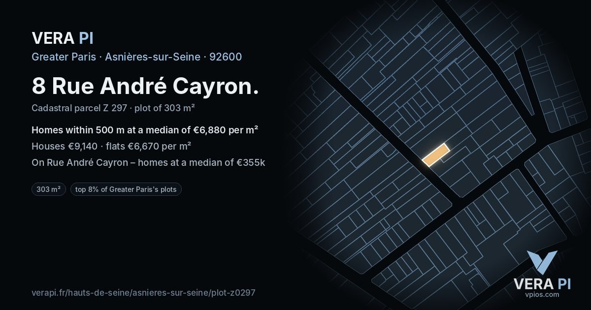 8 Rue André Cayron, Asnières-sur-Seine at night – the plot lit, the parcels around coloured by the prices near them