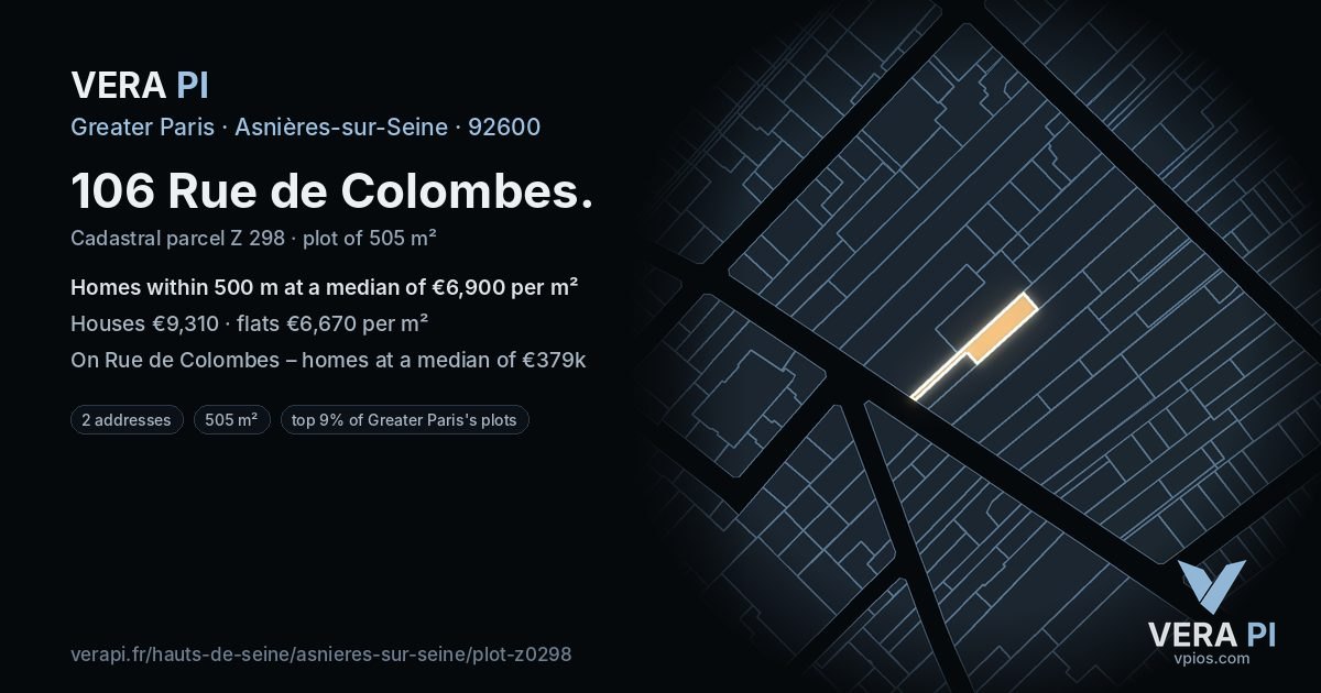 106 Rue de Colombes, Asnières-sur-Seine at night – the plot lit, the parcels around coloured by the prices near them