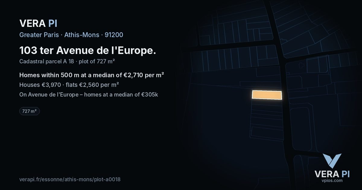 103 ter Avenue de l'Europe, Athis-Mons at night – the plot lit, the parcels around coloured by the prices near them