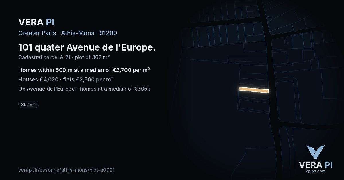 101 quater Avenue de l'Europe, Athis-Mons at night – the plot lit, the parcels around coloured by the prices near them