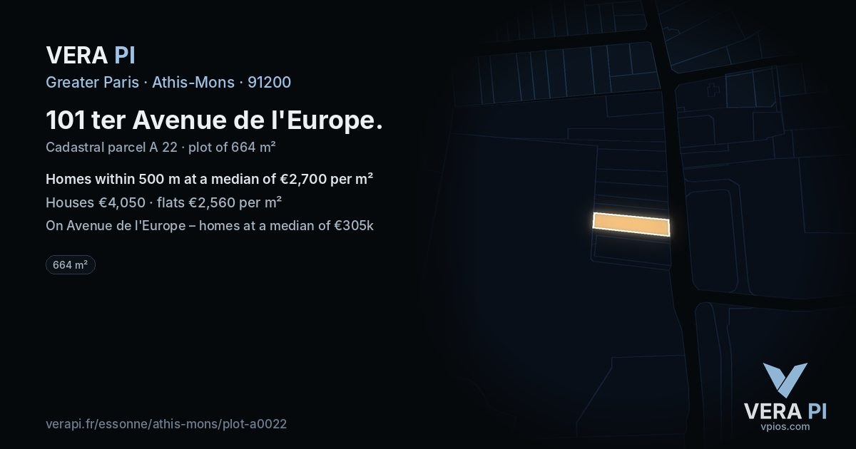 101 ter Avenue de l'Europe, Athis-Mons at night – the plot lit, the parcels around coloured by the prices near them