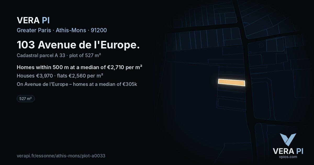 103 Avenue de l'Europe, Athis-Mons at night – the plot lit, the parcels around coloured by the prices near them