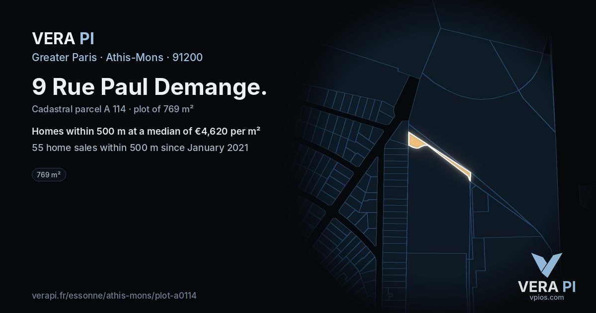 9 Rue Paul Demange, Athis-Mons at night – the plot lit, the parcels around coloured by the prices near them