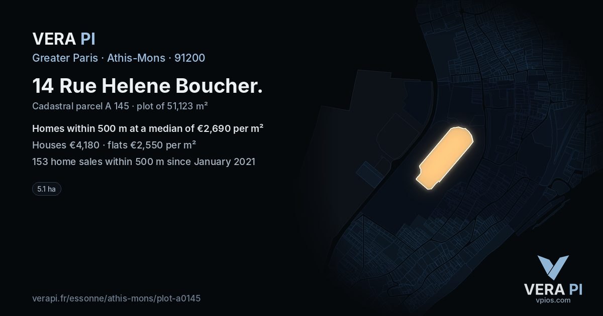 14 Rue Helene Boucher, Athis-Mons at night – the plot lit, the parcels around coloured by the prices near them
