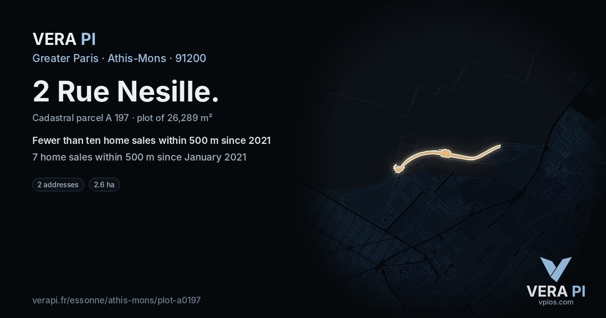 2 Rue Nesille, Athis-Mons at night – the plot lit, the parcels around coloured by the prices near them