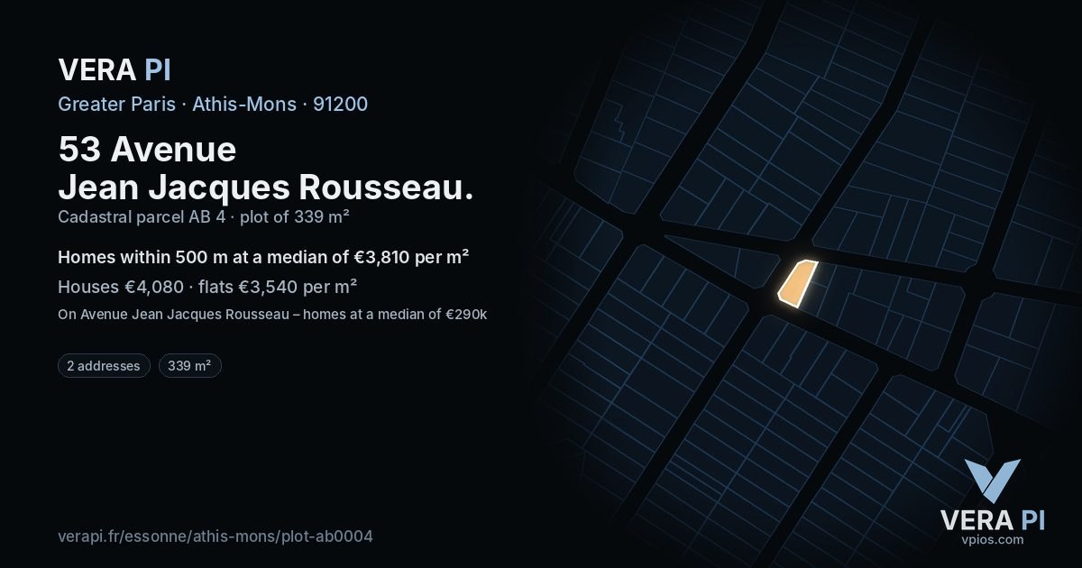 53 Avenue Jean Jacques Rousseau, Athis-Mons at night – the plot lit, the parcels around coloured by the prices near them