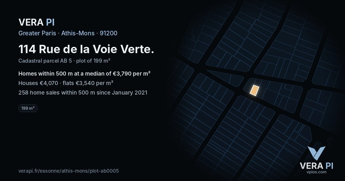 114 Rue de la Voie Verte, Athis-Mons at night – the plot lit, the parcels around coloured by the prices near them