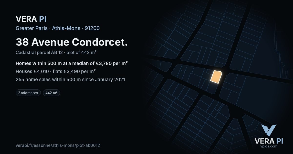 38 Avenue Condorcet, Athis-Mons at night – the plot lit, the parcels around coloured by the prices near them