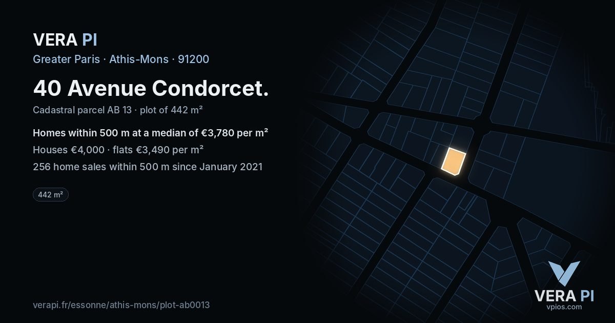 40 Avenue Condorcet, Athis-Mons at night – the plot lit, the parcels around coloured by the prices near them