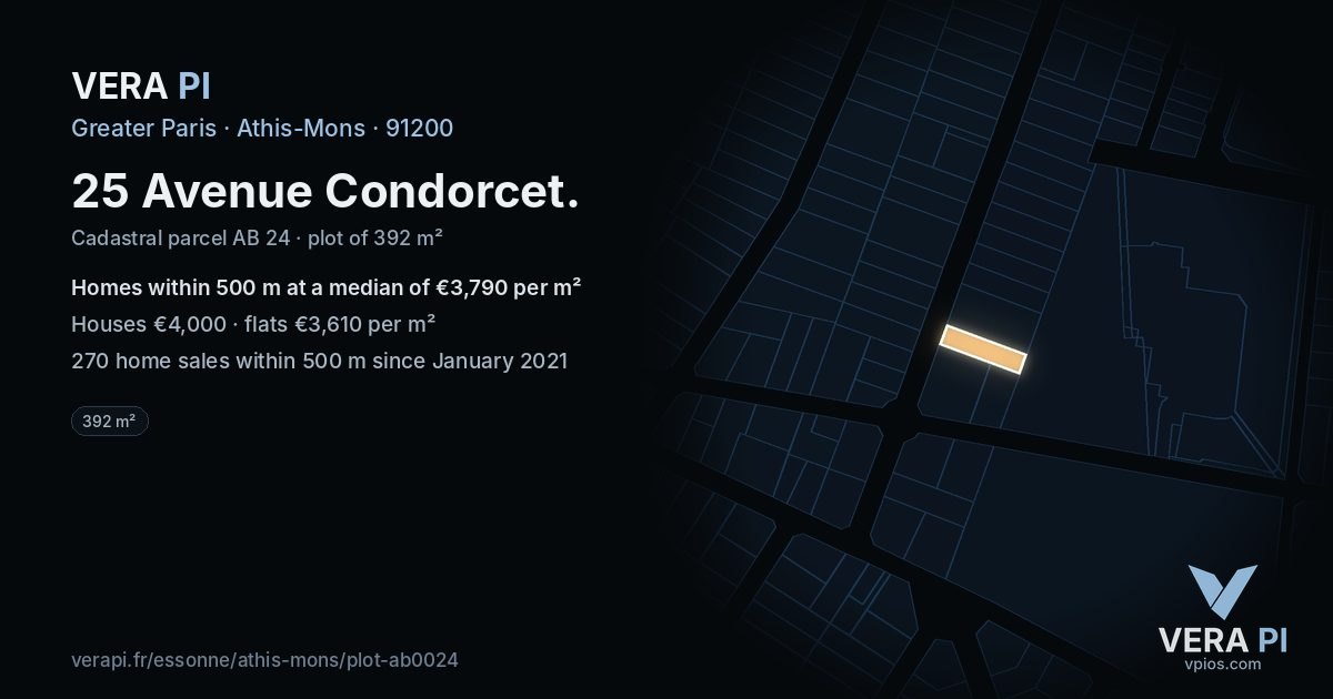 25 Avenue Condorcet, Athis-Mons at night – the plot lit, the parcels around coloured by the prices near them