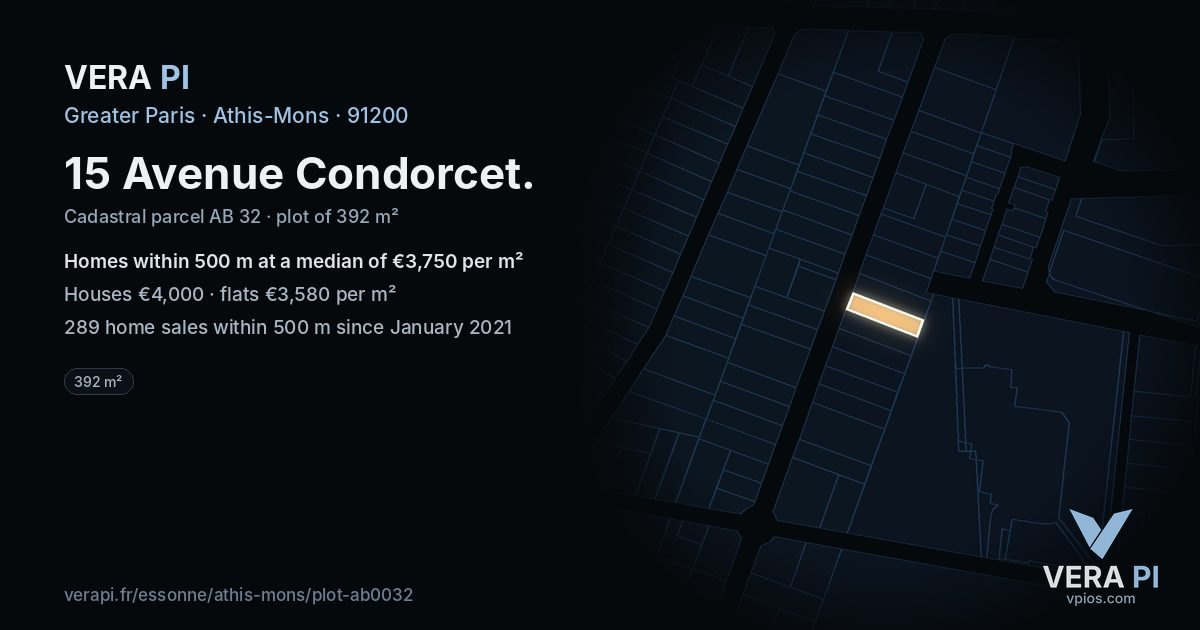 15 Avenue Condorcet, Athis-Mons at night – the plot lit, the parcels around coloured by the prices near them