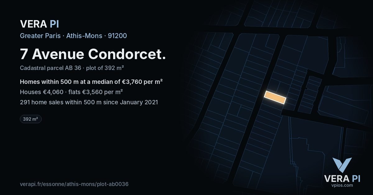 7 Avenue Condorcet, Athis-Mons at night – the plot lit, the parcels around coloured by the prices near them