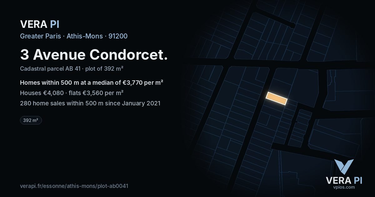 3 Avenue Condorcet, Athis-Mons at night – the plot lit, the parcels around coloured by the prices near them