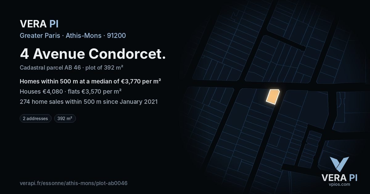 4 Avenue Condorcet, Athis-Mons at night – the plot lit, the parcels around coloured by the prices near them