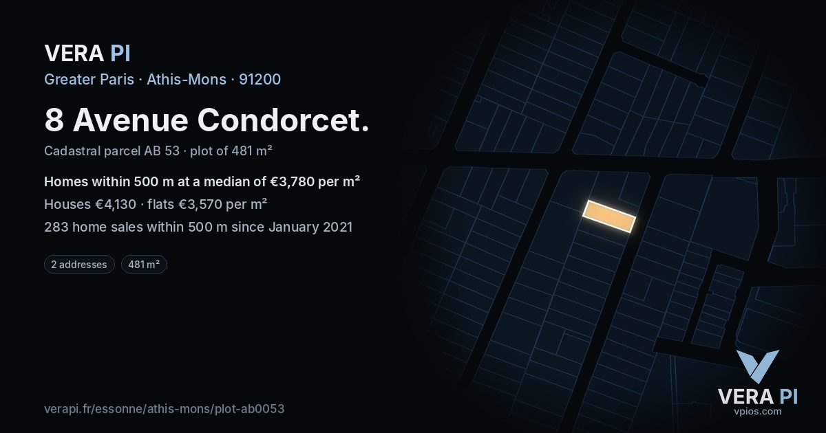 8 Avenue Condorcet, Athis-Mons at night – the plot lit, the parcels around coloured by the prices near them