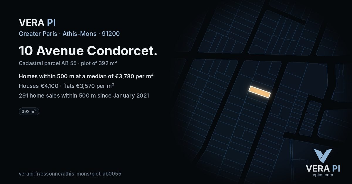 10 Avenue Condorcet, Athis-Mons at night – the plot lit, the parcels around coloured by the prices near them