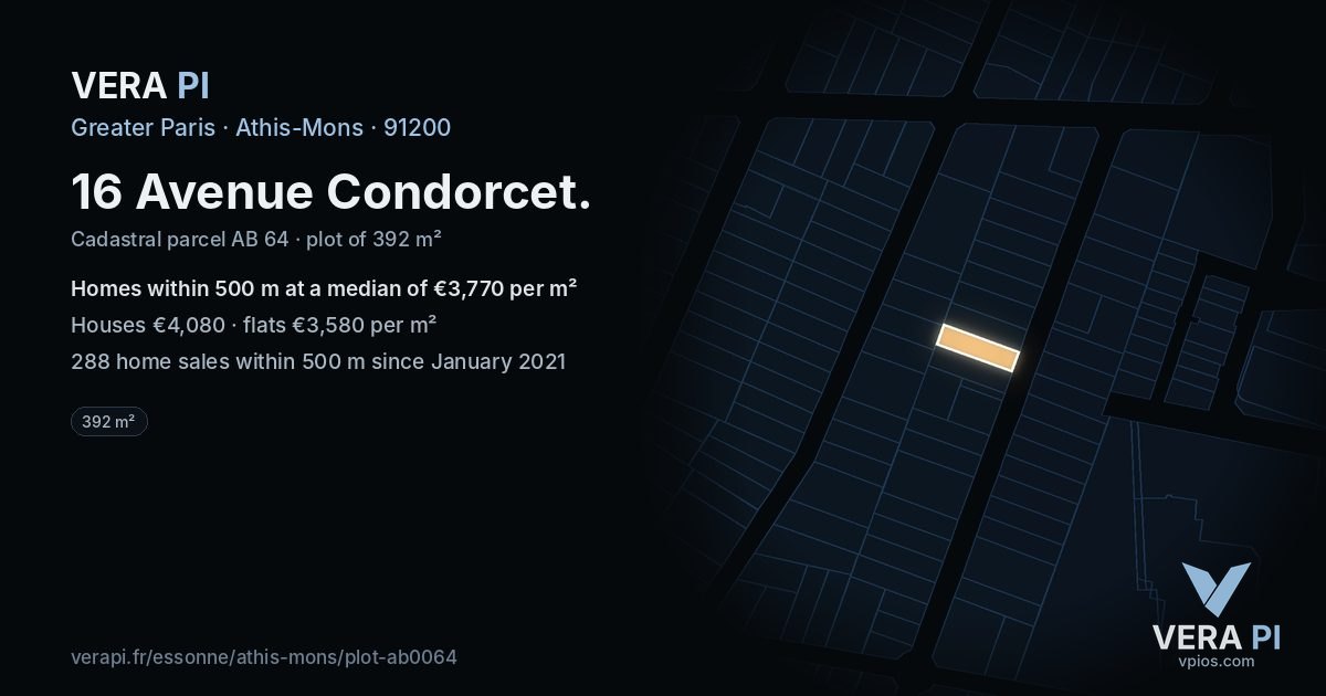 16 Avenue Condorcet, Athis-Mons at night – the plot lit, the parcels around coloured by the prices near them