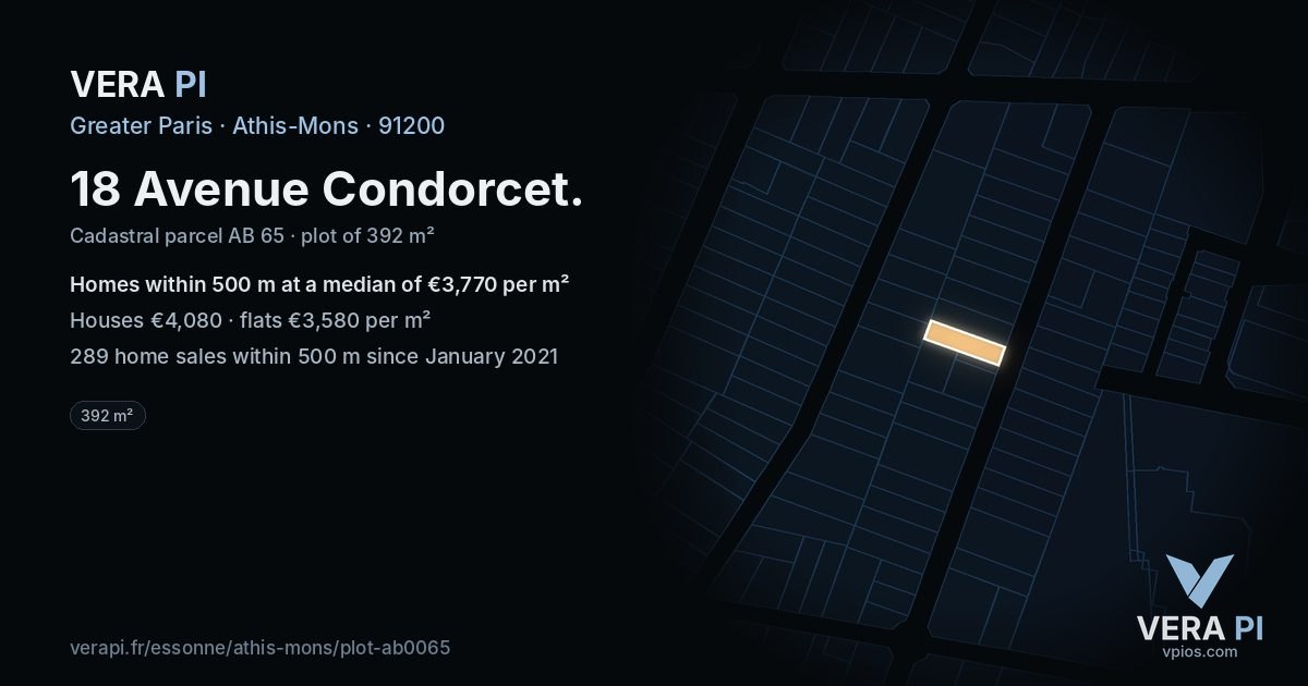 18 Avenue Condorcet, Athis-Mons at night – the plot lit, the parcels around coloured by the prices near them