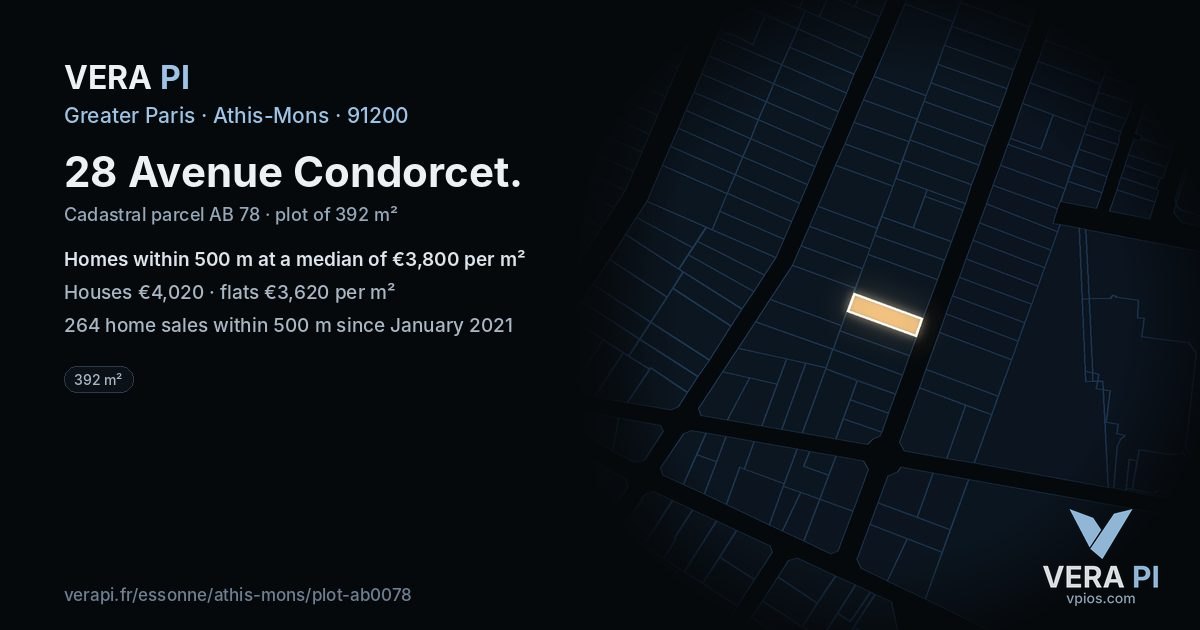 28 Avenue Condorcet, Athis-Mons at night – the plot lit, the parcels around coloured by the prices near them