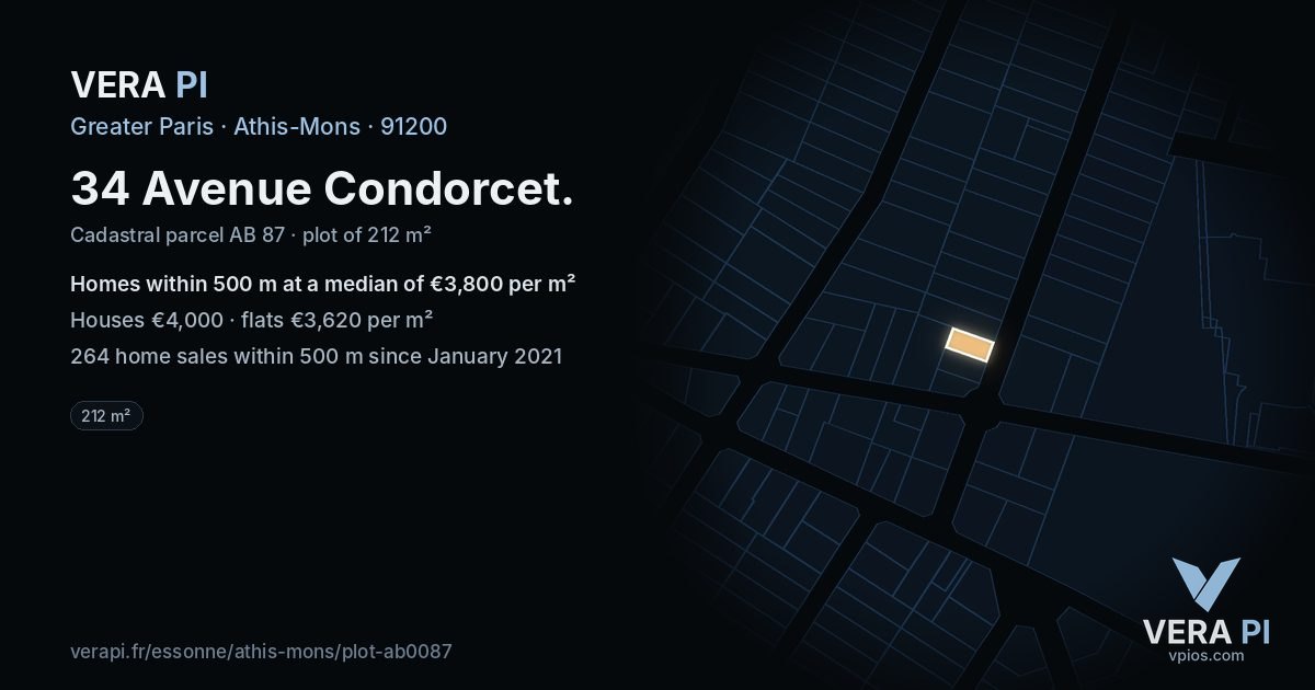 34 Avenue Condorcet, Athis-Mons at night – the plot lit, the parcels around coloured by the prices near them