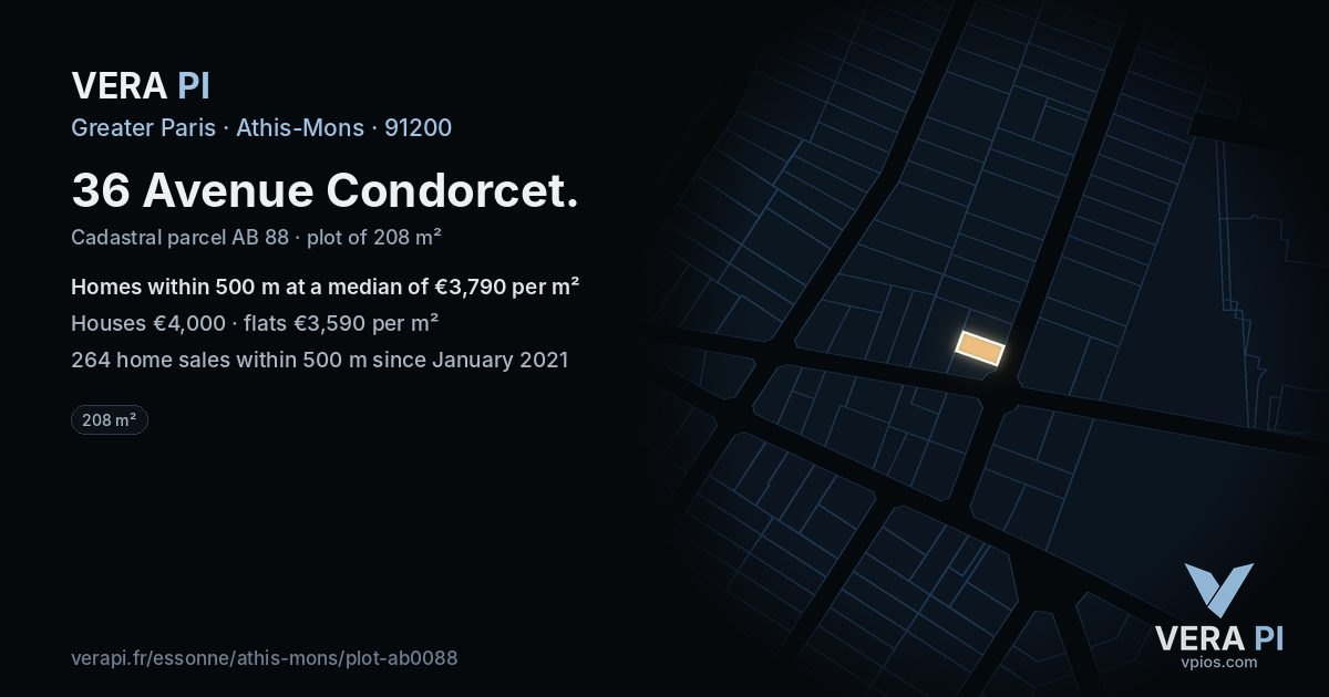 36 Avenue Condorcet, Athis-Mons at night – the plot lit, the parcels around coloured by the prices near them