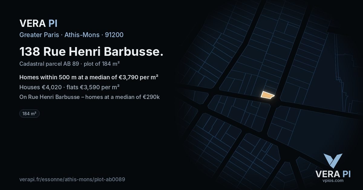 138 Rue Henri Barbusse, Athis-Mons at night – the plot lit, the parcels around coloured by the prices near them