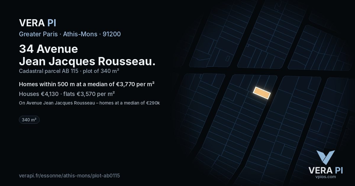 34 Avenue Jean Jacques Rousseau, Athis-Mons at night – the plot lit, the parcels around coloured by the prices near them