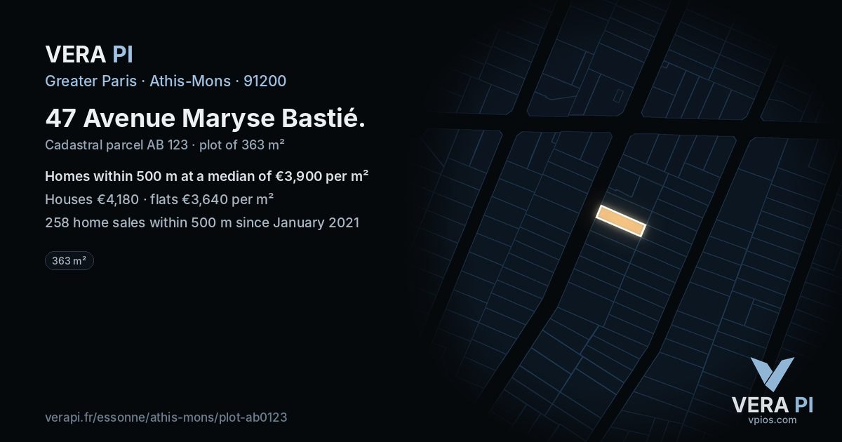 47 Avenue Maryse Bastié, Athis-Mons at night – the plot lit, the parcels around coloured by the prices near them
