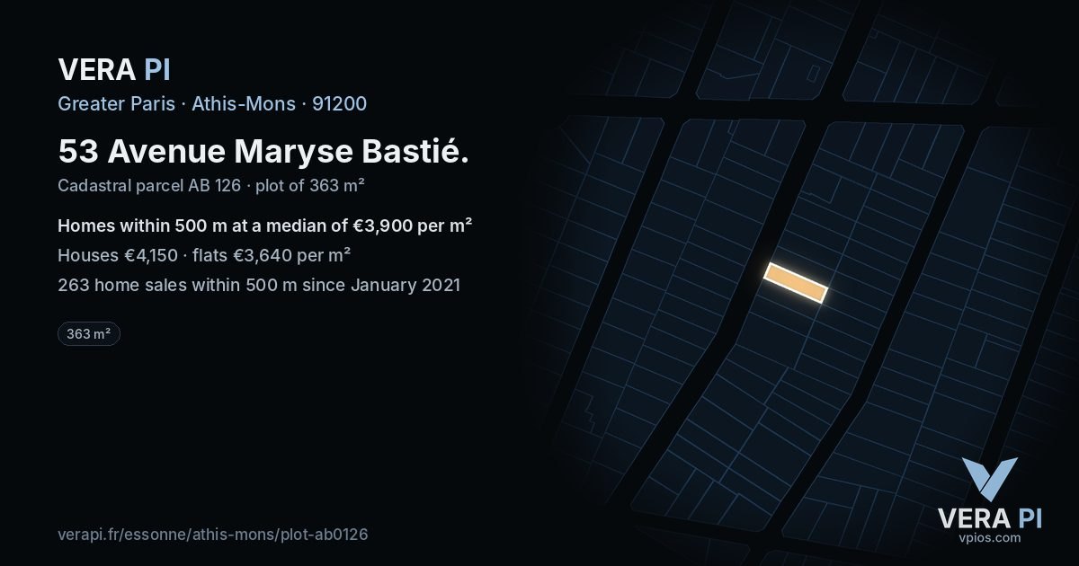 53 Avenue Maryse Bastié, Athis-Mons at night – the plot lit, the parcels around coloured by the prices near them