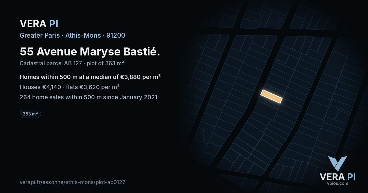 55 Avenue Maryse Bastié, Athis-Mons at night – the plot lit, the parcels around coloured by the prices near them