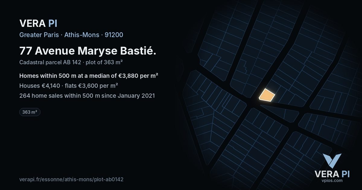 77 Avenue Maryse Bastié, Athis-Mons at night – the plot lit, the parcels around coloured by the prices near them