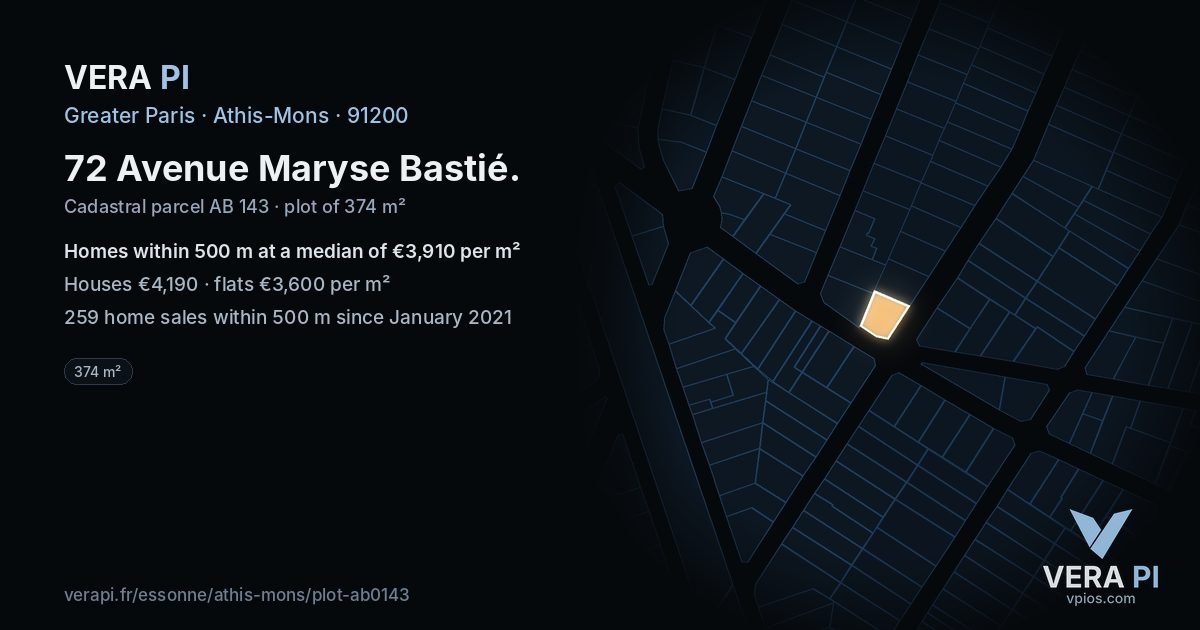 72 Avenue Maryse Bastié, Athis-Mons at night – the plot lit, the parcels around coloured by the prices near them
