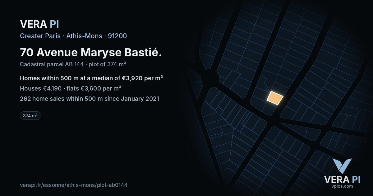 70 Avenue Maryse Bastié, Athis-Mons at night – the plot lit, the parcels around coloured by the prices near them