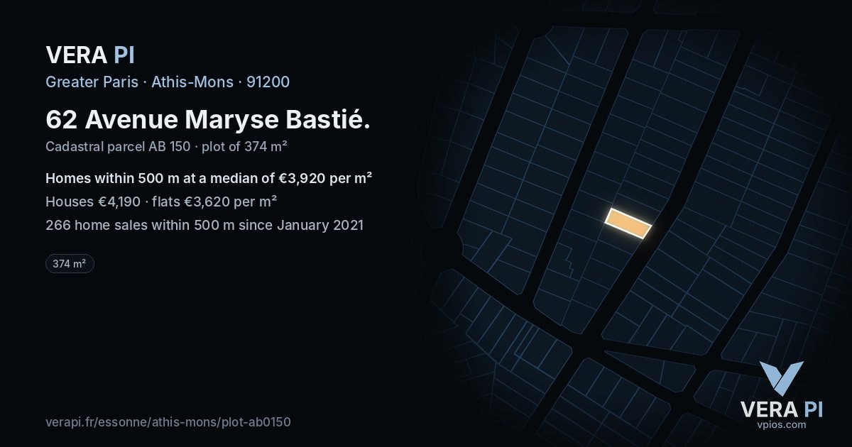 62 Avenue Maryse Bastié, Athis-Mons at night – the plot lit, the parcels around coloured by the prices near them