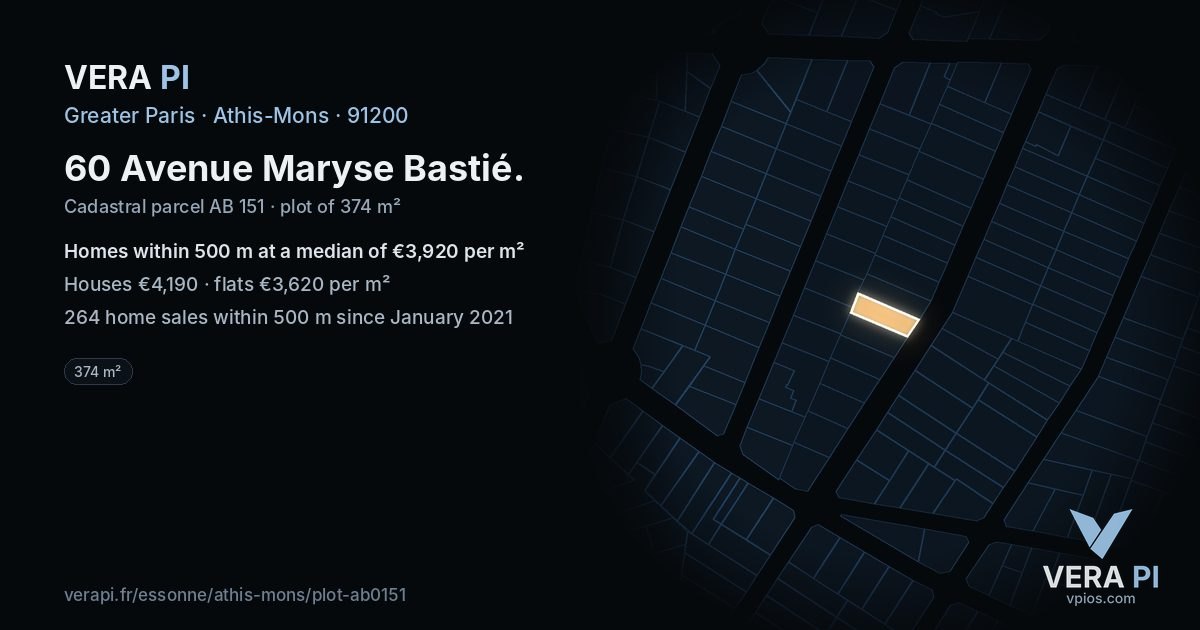 60 Avenue Maryse Bastié, Athis-Mons at night – the plot lit, the parcels around coloured by the prices near them