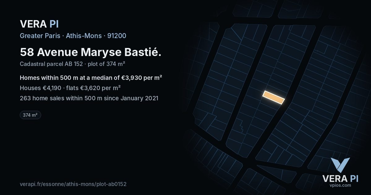 58 Avenue Maryse Bastié, Athis-Mons at night – the plot lit, the parcels around coloured by the prices near them