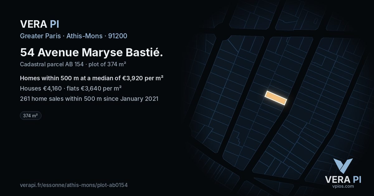 54 Avenue Maryse Bastié, Athis-Mons at night – the plot lit, the parcels around coloured by the prices near them