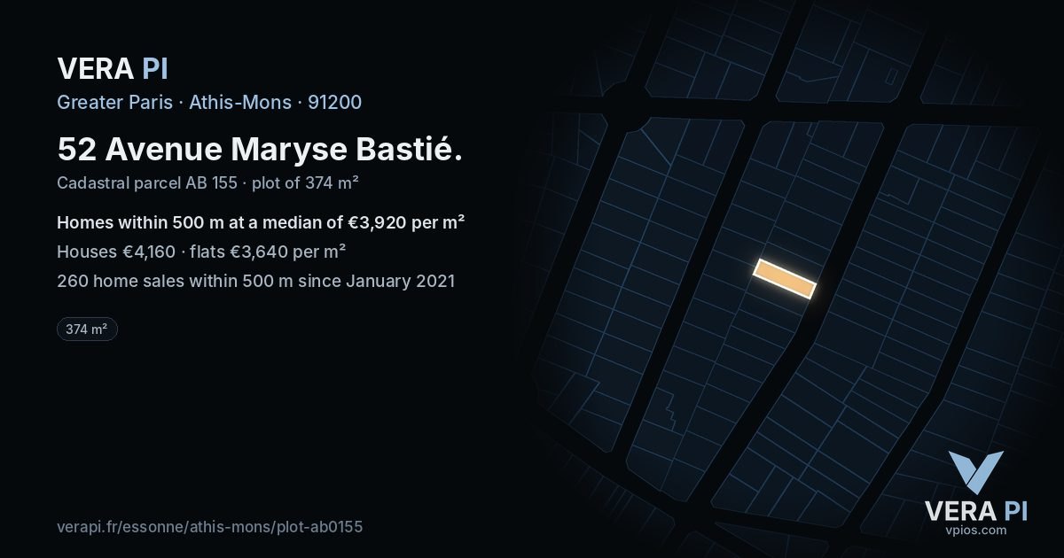 52 Avenue Maryse Bastié, Athis-Mons at night – the plot lit, the parcels around coloured by the prices near them