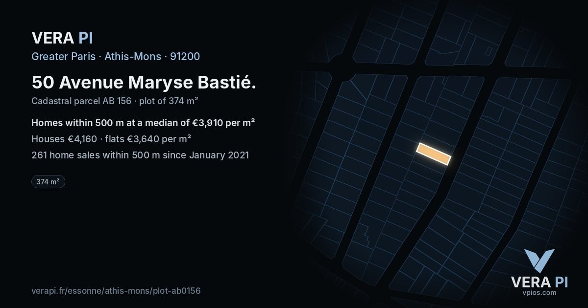 50 Avenue Maryse Bastié, Athis-Mons at night – the plot lit, the parcels around coloured by the prices near them