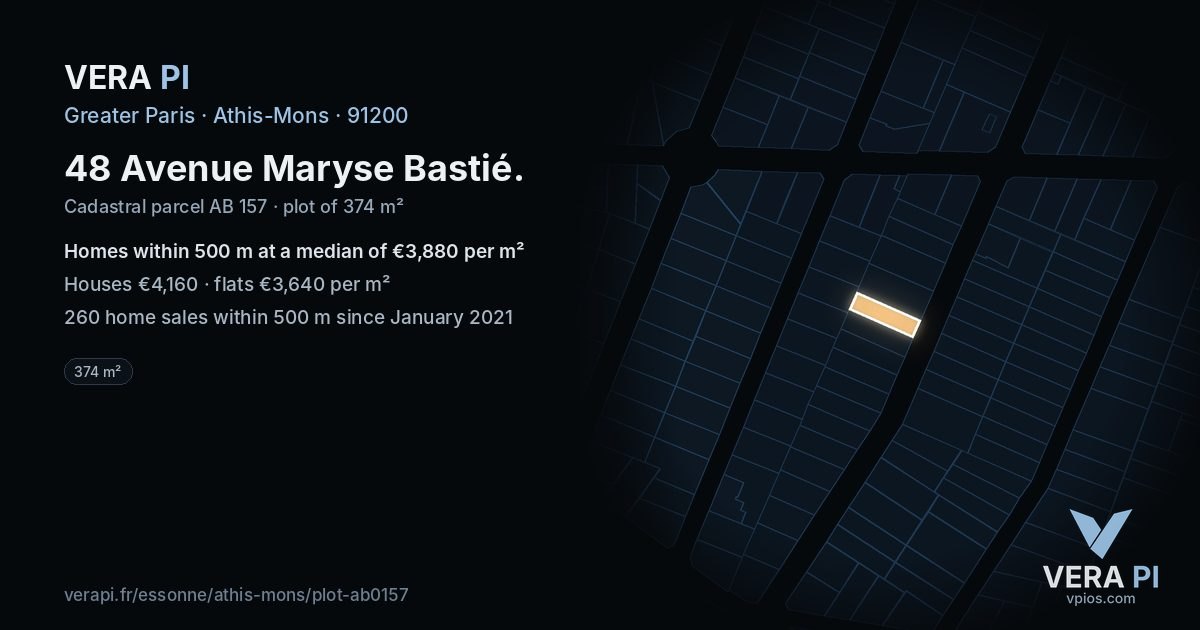 48 Avenue Maryse Bastié, Athis-Mons at night – the plot lit, the parcels around coloured by the prices near them