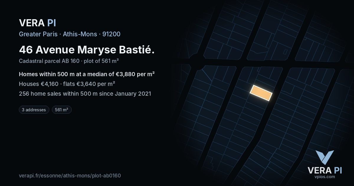 46 Avenue Maryse Bastié, Athis-Mons at night – the plot lit, the parcels around coloured by the prices near them