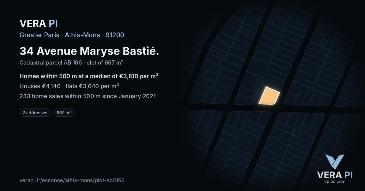34 Avenue Maryse Bastié, Athis-Mons at night – the plot lit, the parcels around coloured by the prices near them