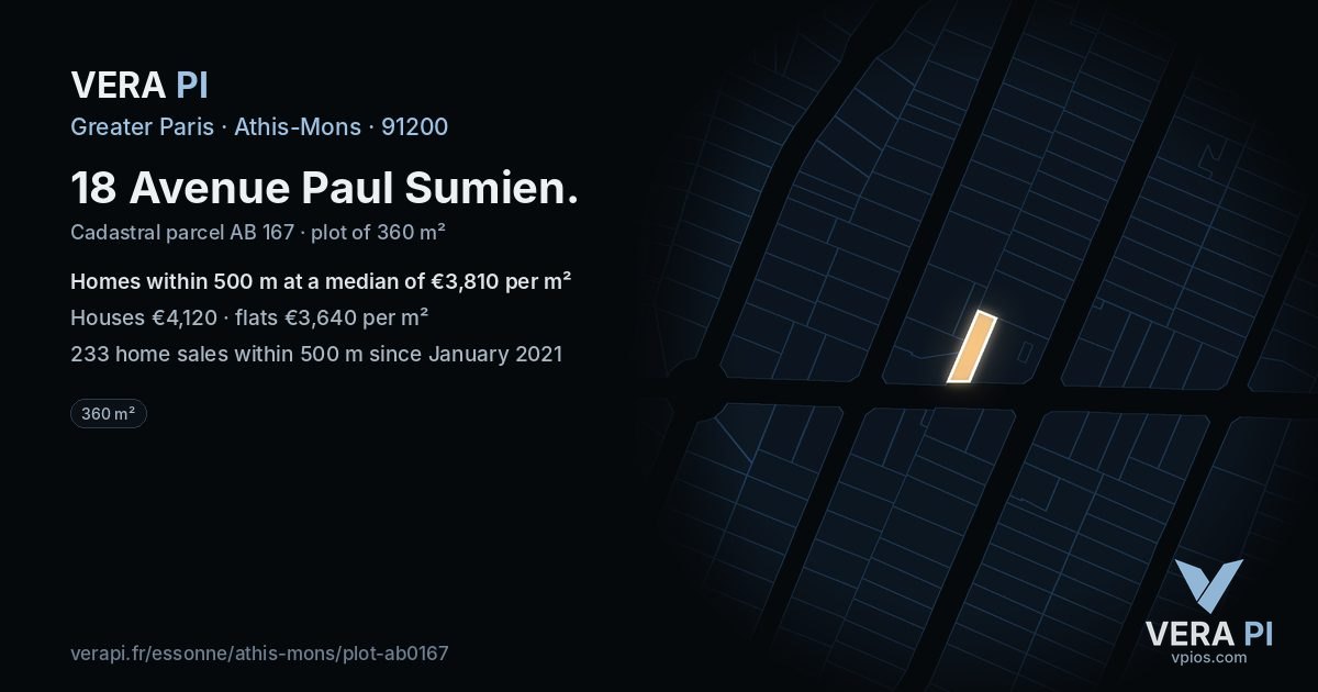 18 Avenue Paul Sumien, Athis-Mons at night – the plot lit, the parcels around coloured by the prices near them