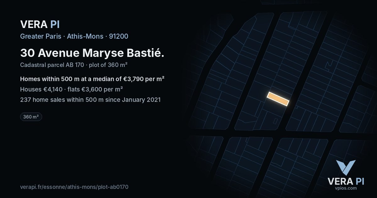 30 Avenue Maryse Bastié, Athis-Mons at night – the plot lit, the parcels around coloured by the prices near them