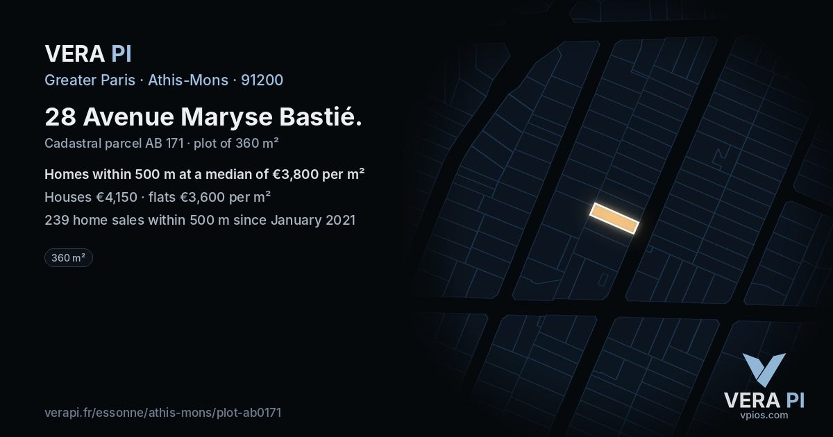 28 Avenue Maryse Bastié, Athis-Mons at night – the plot lit, the parcels around coloured by the prices near them